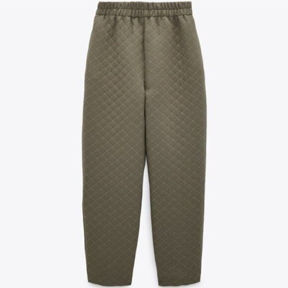 Zara women’s khaki green quilted high rise pull on trouser pants size medium - Picture 1 of 16